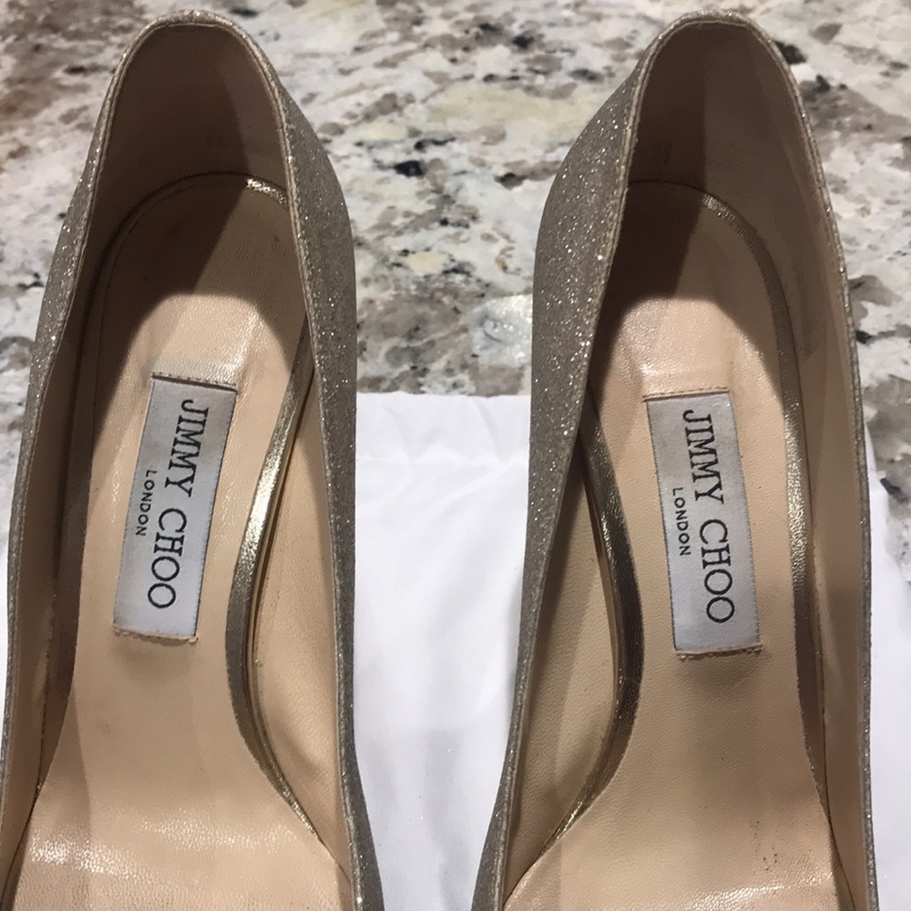🎉 HP 🎉 Jimmy Choo | Champagne Glitter Pointy Toe Stiletto High Heels Size 39.5 - Picture 4 of 7